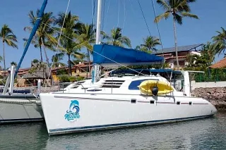 The Catamaran 47 moored in a marina lined with palm trees and houses under a clear sky