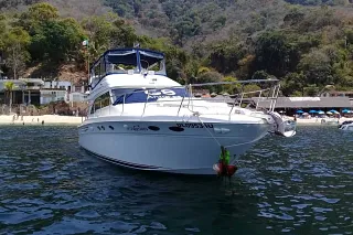 El Sea Ray 50 anclado frente a una playa con cerros cubiertos de selva al fondo