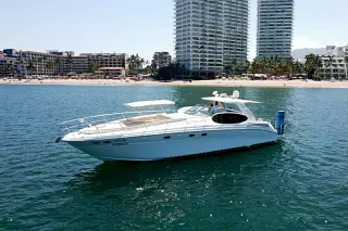 El Sea Ray 55 Sundancer anclado frente a una playa con torres de departamentos