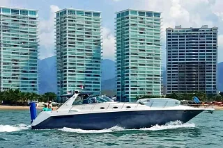 El Sea Ray 55 navegando frente a torres de departamentos y montañas