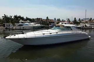 El Sea Ray 60 en aguas tranquilas de la marina con palmeras y yates al fondo