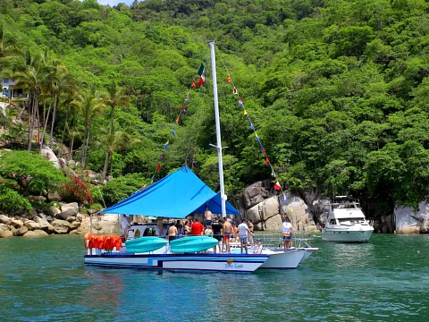 Trimarán con toldo y banderines anclado en una caleta rodeada de selva